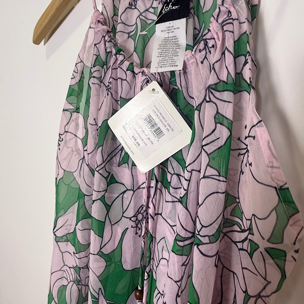 Floral Cover-Up Dress Pink Green Halter Handkerchief Hem Beach Vacation Pool - Picture 3 of 3